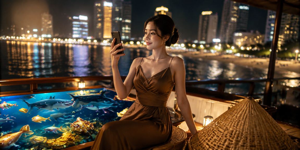 Người dùng dùng điện thoại chơi casino tại Nha Trang với nón lá